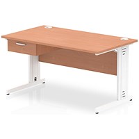 Impulse 1400mm Rectangular Desk with attached Pedestal, White Cable Managed Leg, Beech
