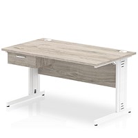 Impulse 1400mm Rectangular Desk with attached Pedestal, White Cable Managed Leg, Grey Oak