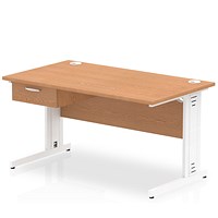 Impulse 1400mm Rectangular Desk with attached Pedestal, White Cable Managed Leg, Oak