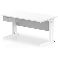 Impulse 1400mm Rectangular Desk with attached Pedestal, White Cable Managed Leg, White