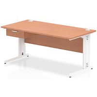 Impulse 1600mm Rectangular Desk with attached Pedestal, White Cable Managed Leg, Beech