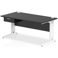 Impulse 1600mm Rectangular Desk with attached Pedestal, White Cable Managed Leg, Black
