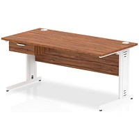Impulse 1600mm Rectangular Desk with attached Pedestal, White Cable Managed Leg, Walnut