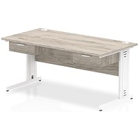Impulse 1600mm Rectangular Desk with 2 attached Pedestals, White Cable Managed Leg, Grey Oak