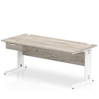 Impulse 1800mm Rectangular Desk with attached Pedestal, White Cable Managed Leg, Grey Oak
