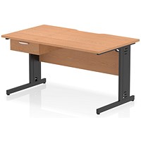 Impulse 1400mm Scalloped Edge Rectangular Desk, Black Cable Managed Legs, Oak, With 1 x 1 Drawer Fixed Pedestal