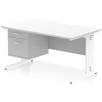 Impulse 1400mm Scalloped Edge Rectangular Desk, White Cable Managed Legs, White, With 1 x 2 Drawer Fixed Pedestal