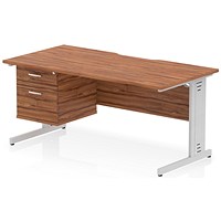 Impulse 1600mm Scalloped Edge Rectangular Desk, Silver Cable Managed Legs, Walnut, With 1 x 2 Drawer Fixed Pedestal