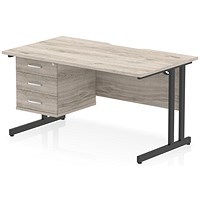 Impulse 1400mm Scalloped Edge Rectangular Desk, Black Cantilever Legs, Grey Oak, With 1 x 3 Drawer Fixed Pedestal