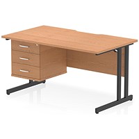 Impulse 1400mm Scalloped Edge Rectangular Desk, Black Cantilever Legs, Oak, With 1 x 3 Drawer Fixed Pedestal