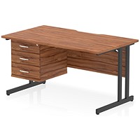 Impulse 1400mm Scalloped Edge Rectangular Desk, Black Cantilever Legs, Walnut, With 1 x 3 Drawer Fixed Pedestal