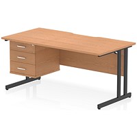 Impulse 1600mm Scalloped Edge Rectangular Desk, Black Cantilever Legs, Oak, With 1 x 3 Drawer Fixed Pedestal