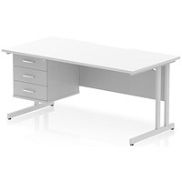 Impulse 1600mm Scalloped Edge Rectangular Desk, Silver Cantilever Legs, White, With 1 x 3 Drawer Fixed Pedestal