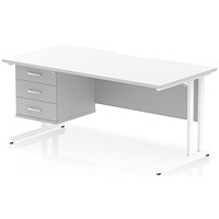 Impulse 1600mm Scalloped Edge Rectangular Desk, White Cantilever Legs, White, With 1 x 3 Drawer Fixed Pedestal