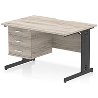 Impulse 1200mm Scalloped Edge Rectangular Desk, Black Cable Managed Legs, Grey Oak, With 1 x 3 Drawer Fixed Pedestal