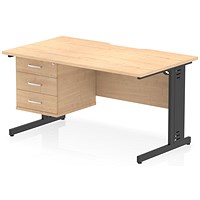 Impulse 1400mm Scalloped Edge Rectangular Desk, Black Cable Managed Legs, Maple, With 1 x 3 Drawer Fixed Pedestal