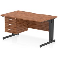 Impulse 1400mm Scalloped Edge Rectangular Desk, Black Cable Managed Legs, Walnut, With 1 x 3 Drawer Fixed Pedestal