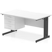 Impulse 1400mm Scalloped Edge Rectangular Desk, Black Cable Managed Legs, White, With 1 x 3 Drawer Fixed Pedestal
