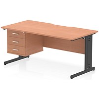 Impulse 1600mm Scalloped Edge Rectangular Desk, Black Cable Managed Legs, Beech, With 1 x 3 Drawer Fixed Pedestal