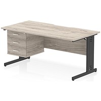 Impulse 1600mm Scalloped Edge Rectangular Desk, Black Cable Managed Legs, Grey Oak, With 1 x 3 Drawer Fixed Pedestal