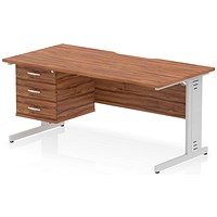 Impulse 1600mm Scalloped Edge Rectangular Desk, Silver Cable Managed Legs, Walnut, With 1 x 3 Drawer Fixed Pedestal