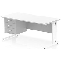 Impulse 1600mm Scalloped Edge Rectangular Desk, White Cable Managed Legs, White, With 1 x 3 Drawer Fixed Pedestal