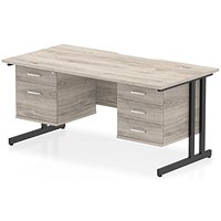 Impulse 1600mm Scalloped Edge Rectangular Desk, Black Cantilever Legs, Grey Oak, With 1 x 2 Drawer and 1 x 3 Drawer Fixed Pedestals