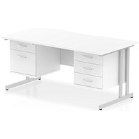 Impulse 1600mm Scalloped Edge Rectangular Desk, Silver Cantilever Legs, White, With 1 x 2 Drawer and 1 x 3 Drawer Fixed Pedestals