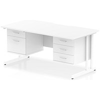 Impulse 1600mm Scalloped Edge Rectangular Desk, White Cantilever Legs, White, With 1 x 2 Drawer and 1 x 3 Drawer Fixed Pedestals