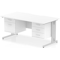 Impulse 1600mm Scalloped Edge Rectangular Desk, Silver Cable Managed Legs, White, With 1 x 2 Drawer and 1 x 3 Drawer Fixed Pedestals