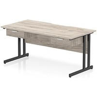 Impulse 1600mm Scalloped Edge Rectangular Desk, Black Cantilever Legs, Grey Oak, With 2 x 1 Drawer Fixed Pedestals
