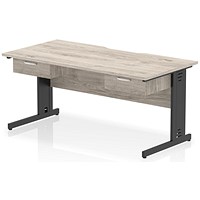 Impulse 1600mm Scalloped Edge Rectangular Desk, Black Cable Managed Legs, Grey Oak, With 2 x 1 Drawer Fixed Pedestals