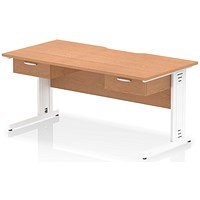 Impulse 1600mm Scalloped Edge Rectangular Desk, White Cable Managed Legs, Oak, With 2 x 1 Drawer Fixed Pedestals