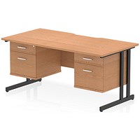Impulse 1600mm Scalloped Edge Rectangular Desk, Black Cantilever Legs, Oak, With 2 x 2 Drawer Fixed Pedestals