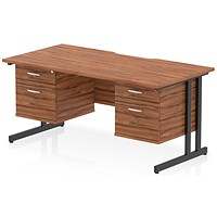 Impulse 1600mm Scalloped Edge Rectangular Desk, Black Cantilever Legs, Walnut, With 2 x 2 Drawer Fixed Pedestals
