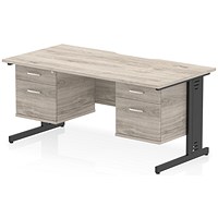 Impulse 1600mm Scalloped Edge Rectangular Desk, Black Cable Managed Legs, Grey Oak, With 2 x 2 Drawer Fixed Pedestals