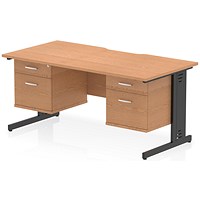 Impulse 1600mm Scalloped Edge Rectangular Desk, Black Cable Managed Legs, Oak, With 2 x 2 Drawer Fixed Pedestals