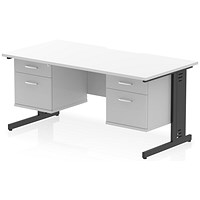 Impulse 1600mm Scalloped Edge Rectangular Desk, Black Cable Managed Legs, White, With 2 x 2 Drawer Fixed Pedestals