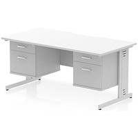 Impulse 1600mm Scalloped Edge Rectangular Desk, Silver Cable Managed Legs, White, With 2 x 2 Drawer Fixed Pedestals