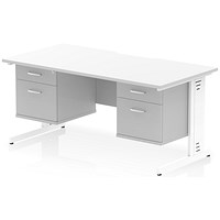 Impulse 1600mm Scalloped Edge Rectangular Desk, White Cable Managed Legs, White, With 2 x 2 Drawer Fixed Pedestals