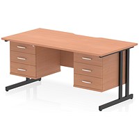 Impulse 1600mm Scalloped Edge Rectangular Desk, Black Cantilever Legs, Beech, With 2 x 3 Drawer Fixed Pedestals