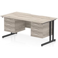 Impulse 1600mm Scalloped Edge Rectangular Desk, Black Cantilever Legs, Grey Oak, With 2 x 3 Drawer Fixed Pedestals