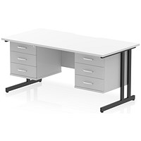 Impulse 1600mm Scalloped Edge Rectangular Desk, Black Cantilever Legs, White, With 2 x 3 Drawer Fixed Pedestals