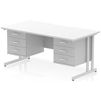 Impulse 1600mm Scalloped Edge Rectangular Desk, Silver Cantilever Legs, White, With 2 x 3 Drawer Fixed Pedestals