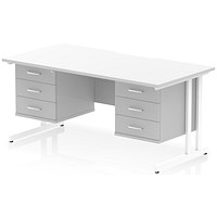 Impulse 1600mm Scalloped Edge Rectangular Desk, White Cantilever Legs, White, With 2 x 3 Drawer Fixed Pedestals