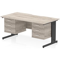 Impulse 1600mm Scalloped Edge Rectangular Desk, Black Cable Managed Legs, Grey Oak, With 2 x 3 Drawer Fixed Pedestals