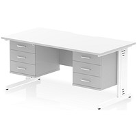 Impulse 1600mm Scalloped Edge Rectangular Desk, White Cable Managed Legs, White, With 2 x 3 Drawer Fixed Pedestals
