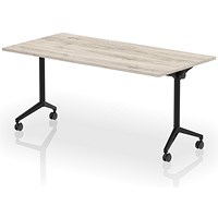 Impulse Plus Flip Rectangular Table, 1600mm Wide, Black Foot, Grey Oak