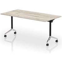 Impulse Plus Flip Rectangular Table, 1600mm Wide, Chrome Foot, Grey Oak