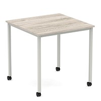 Impulse 800mm Straight Table Grey Oak Top Silver Box Frame Leg with Castors